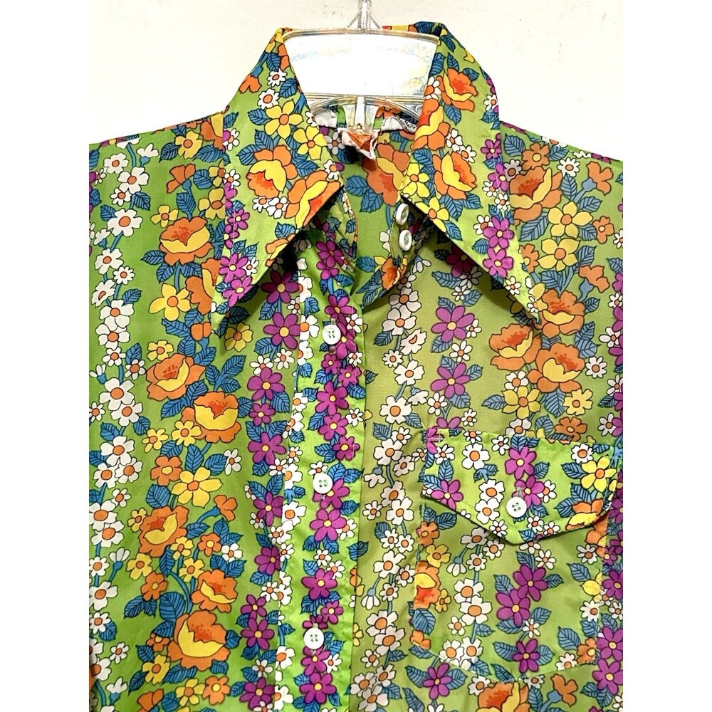 VTG 70s Skyr Nylon Floral Flower Hippie Button Up Collared Shirt Small Colorful